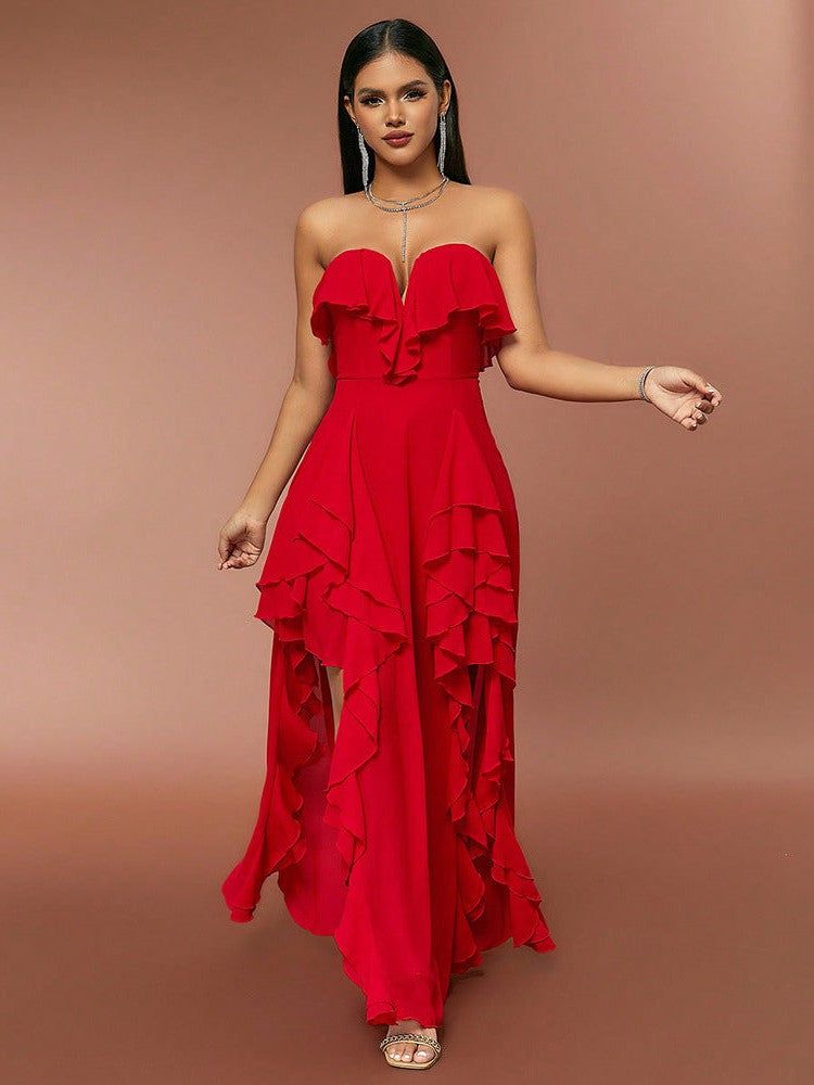 Red Ruffle  Tube Top V neck Flounce Backless Evening Dress