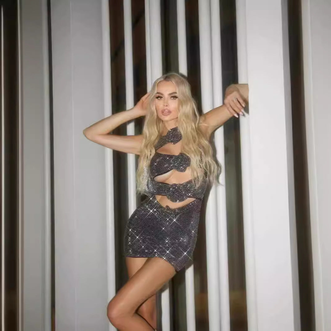 Sexy Hollow-Out Bodycon Flower Detail Rhinestone Prom Dress