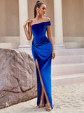 Elegant Blue Off Shoulder Split Evening Dress ¨C Sexy Tight Fit