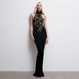 Sheer Lace Halter Backless Black Prom Dress