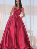 Long A-line Spaghetti Straps Satin Backless Prom Dresses with Pockets