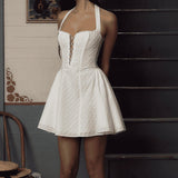 TARUXY White Halterneck Mini Dress For Women High Waist Hollow Lace Up Embroidery Sleeveless Folds Sexy Backless Evening Dress