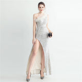 Hand Nailed Ostrich Feather Off Shoulder Sequined Evening Dress with Roman Collar