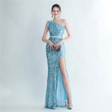 Heavy Industry Ostrich Hair Craft Beading Evening Dress with Side Slit