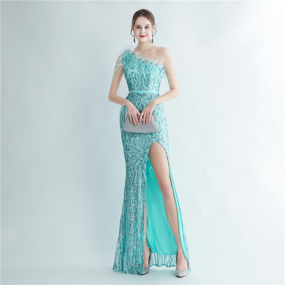 Heavy Industry Ostrich Hair Craft Beading Evening Dress with Side Slit