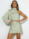 Autumn Winter Women Clothing Evening Dress: High Grade Satin One Shoulder Elegant Dress