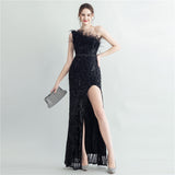 Heavy Industry Ostrich Hair Craft Bundle Hair Evening Dress with Oblique Shoulder Slit