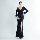 Ostrich Feather Cuff Sequined Fishtail Evening Dress with Side Slit