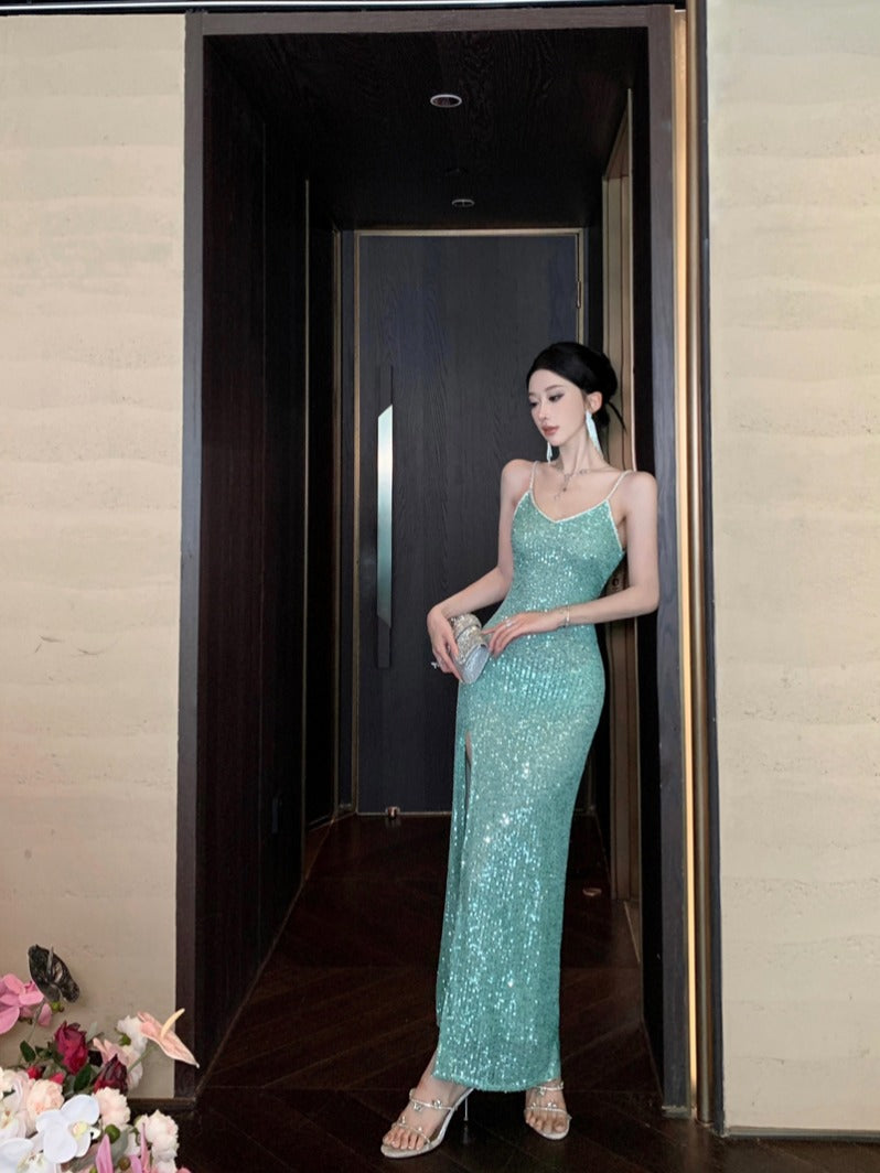 Green Sequin High-Slit Evening Dress ¨C Elegant Party & Formal Gown