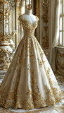 Glamorous Gold Satin Appliques Ball Gown,Formal Prom Evening Dress Y8326