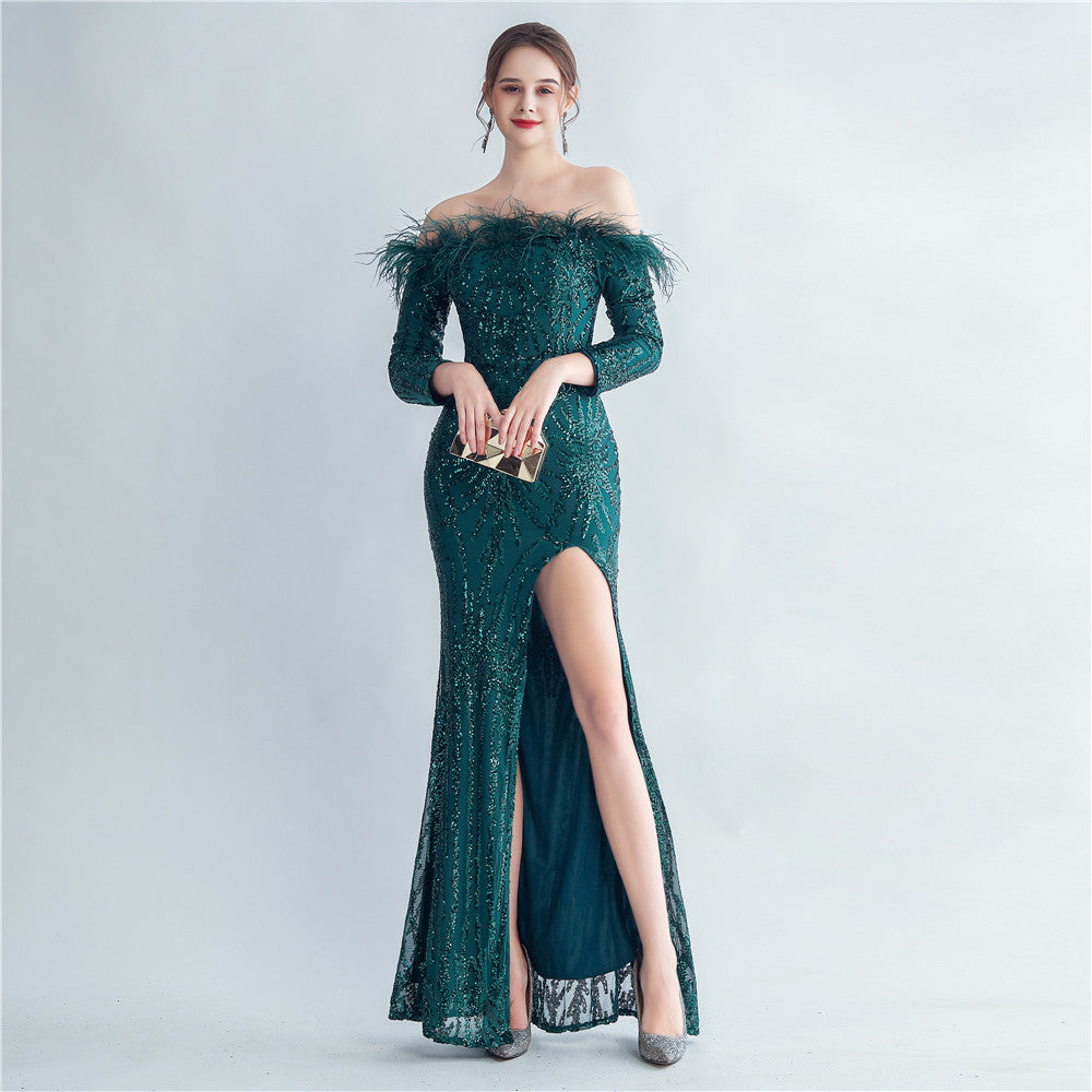 High Density Ostrich Hair Sequin Off Shoulder Fishtail Evening Dress