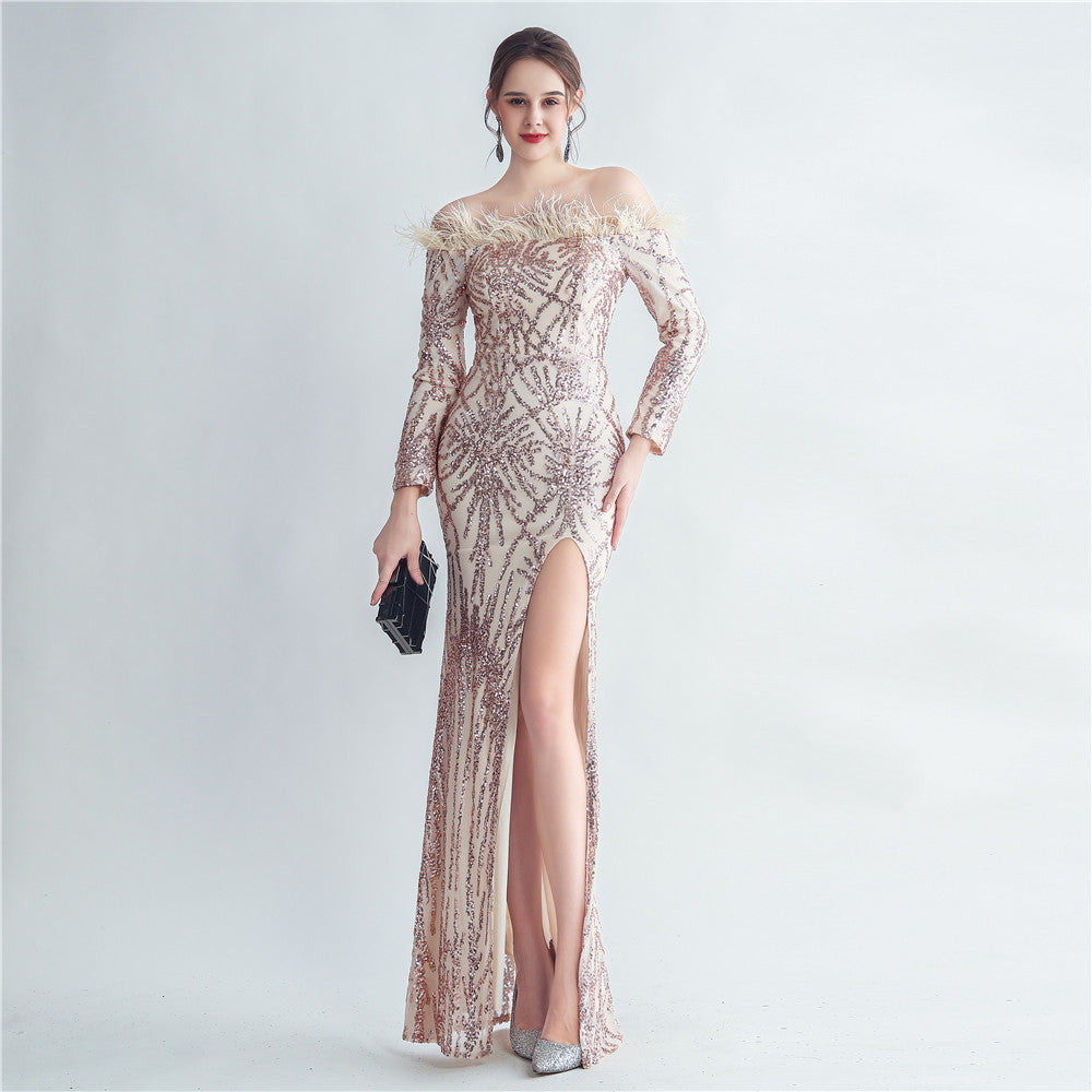 High Density Ostrich Hair Sequin Off Shoulder Fishtail Evening Dress