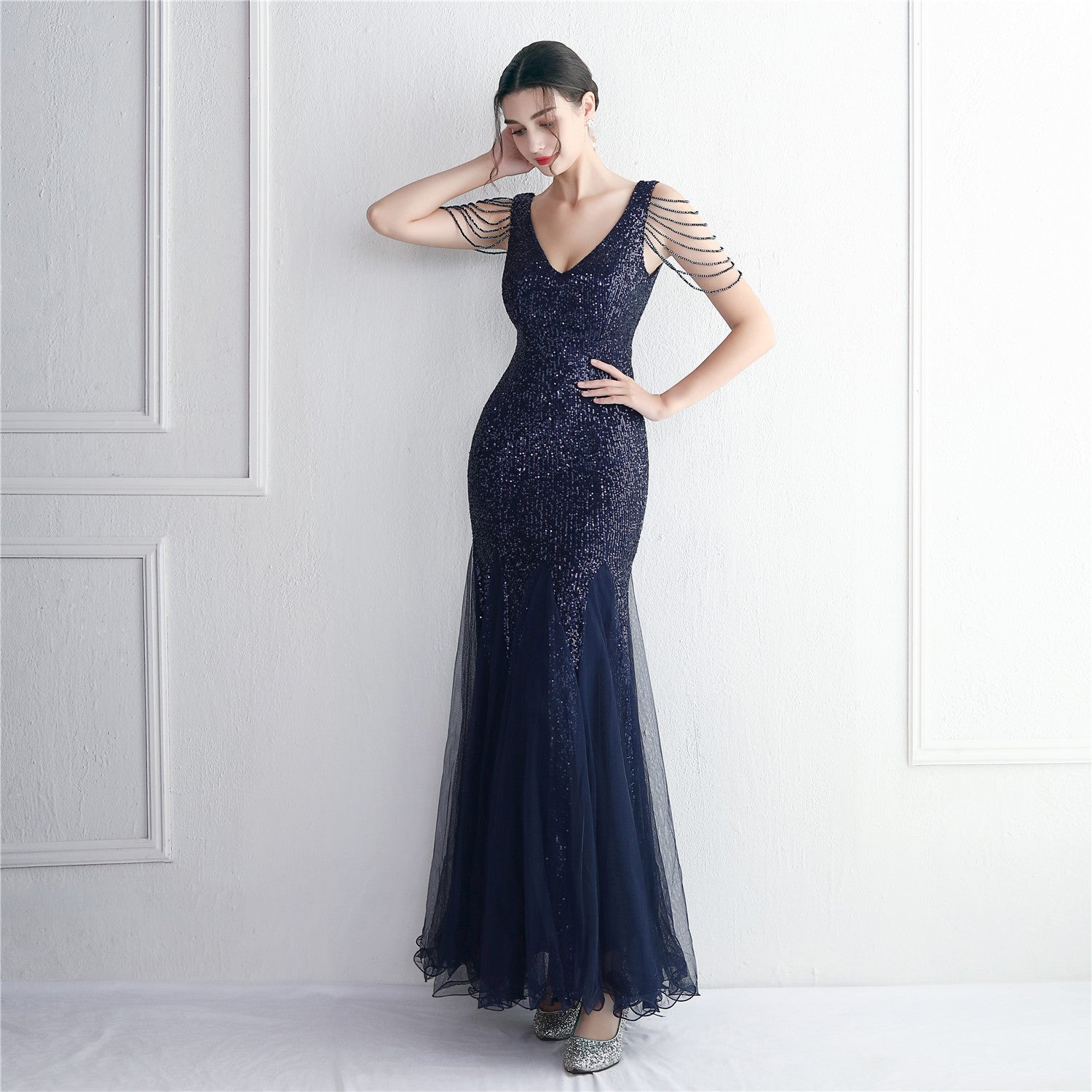 Sequin Mesh Craft Beaded Party Dress: Elegant Long Cocktail Slim Fit Evening Dress