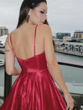 Long A-line Spaghetti Straps Satin Backless Prom Dresses with Pockets