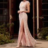 Feather Red High Waist Prom Dress