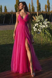 Long A-line V-neck Tulle Backless Prom Dress with Split