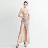 Hand Nailed Ostrich Feather Off Shoulder Sequined Evening Dress with Roman Collar