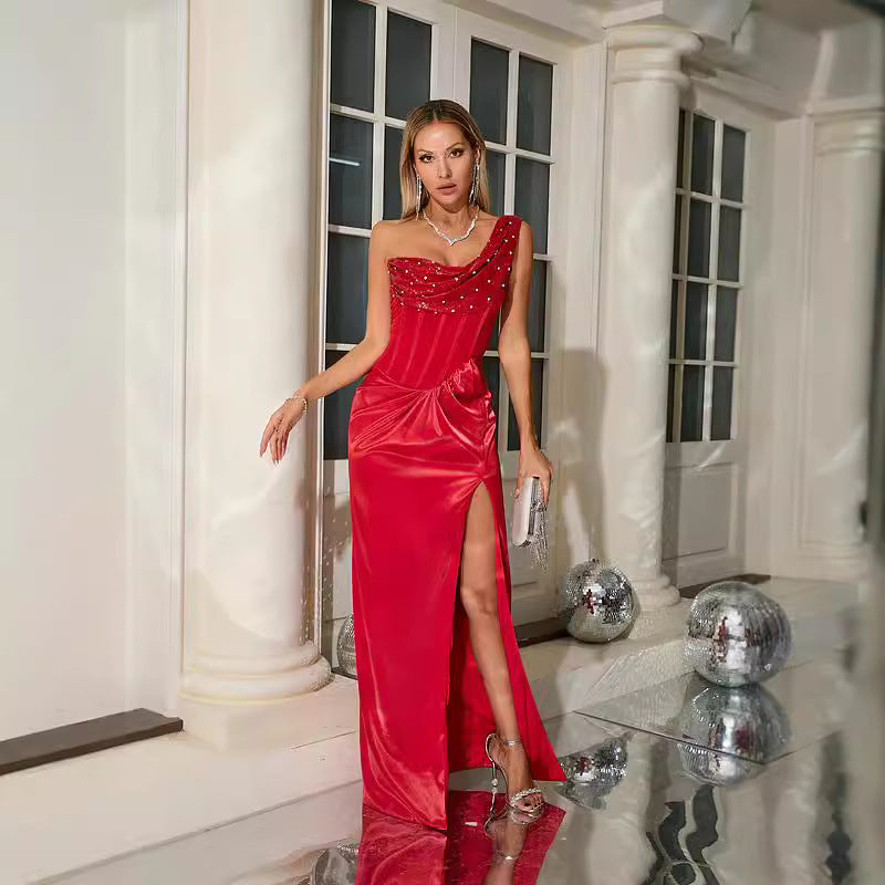 One Shoulder Pleated Elegant Ruched Party Prom Dress