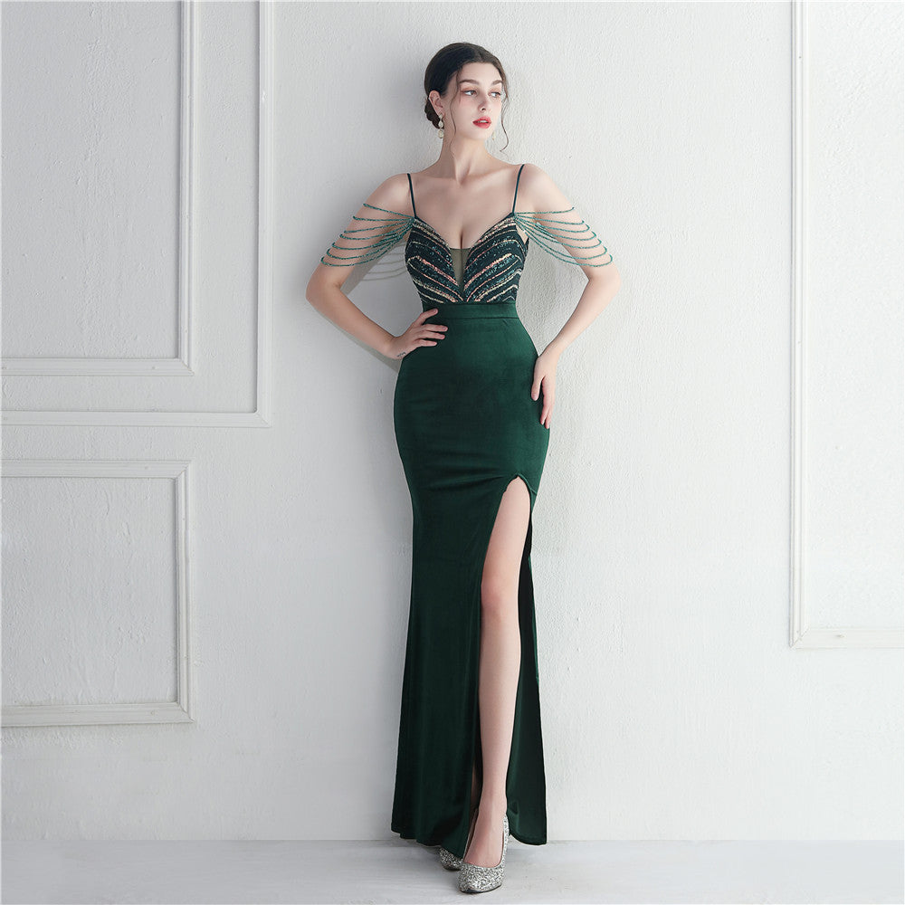 Korean Velvet Sequined Annual Party Long Evening Dress ¨C Social Glamour