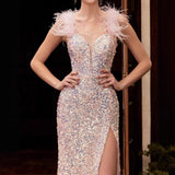 Feather Red High Waist Prom Dress