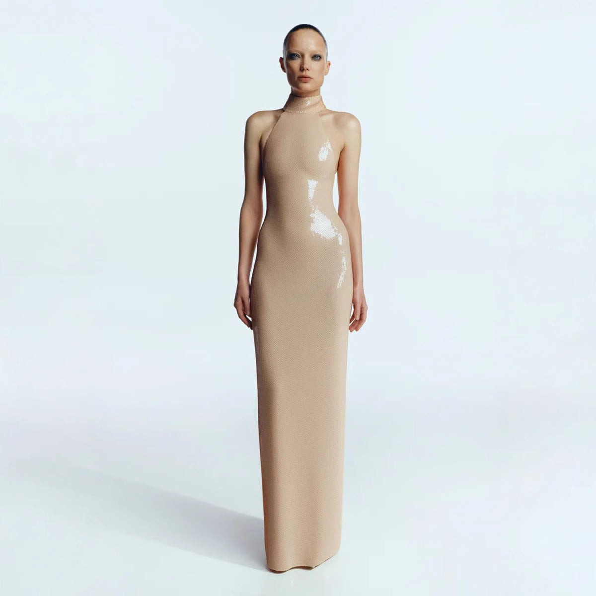 Long-Sleeve Sequin Slit Maxi Prom Dress