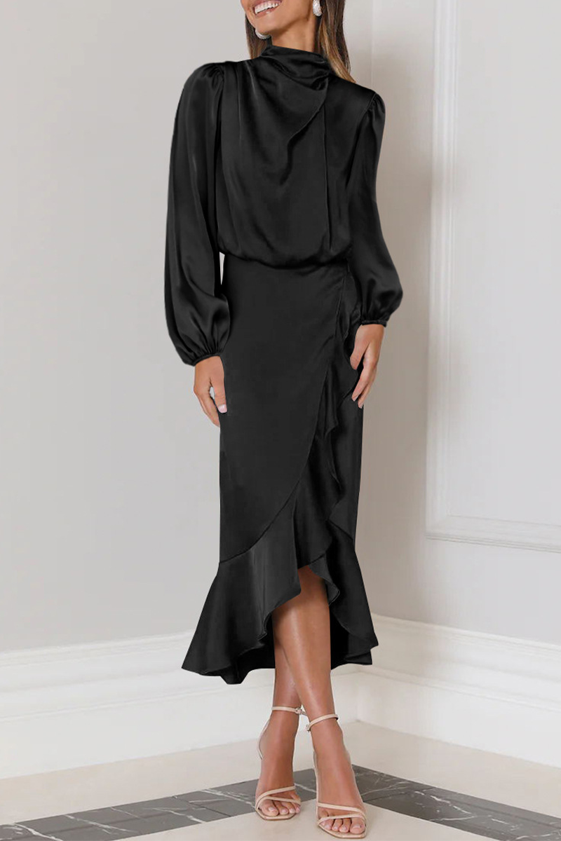 Elegant Solid Flounce Fold Turtleneck Evening Dress