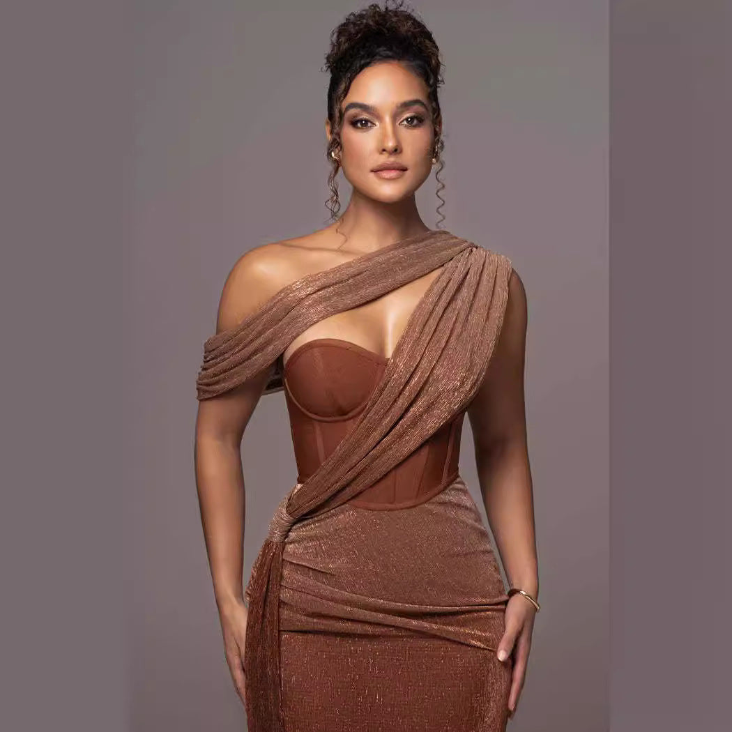 Solid Color Sleeveless Strapless Slit Prom Dress