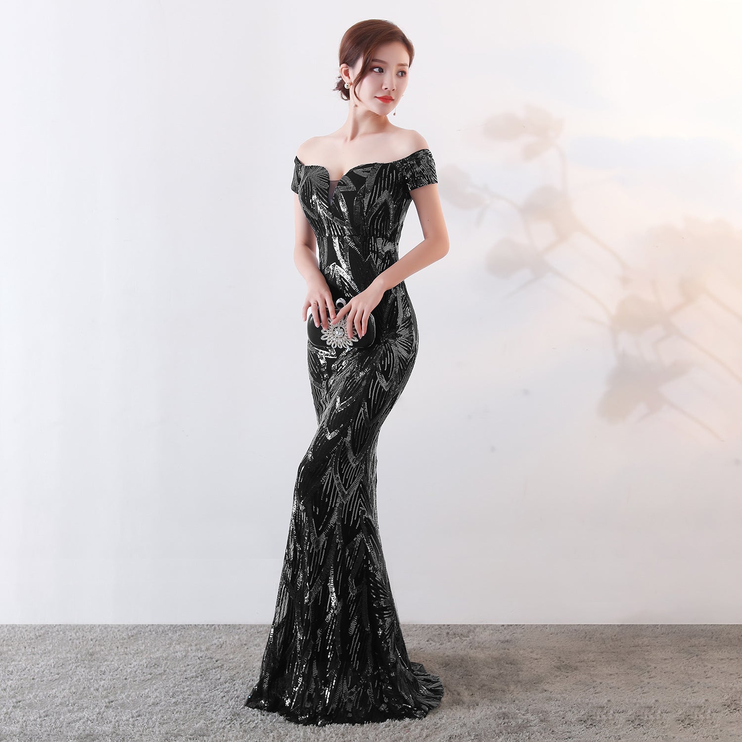 Off the Shoulder Sequined Evening Dress: Long Fish Tail, Slim Fit