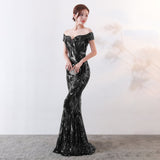 Off the Shoulder Sequined Evening Dress: Long Fish Tail, Slim Fit