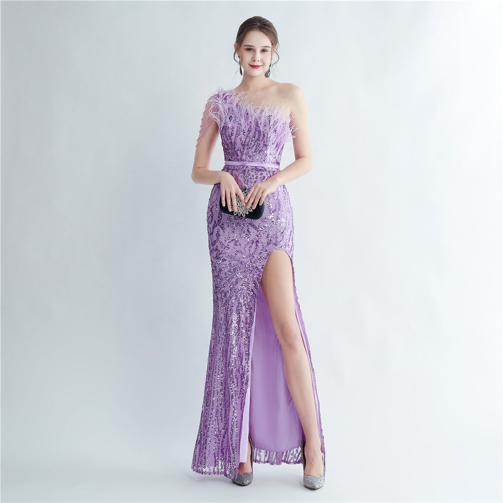 Heavy Industry Ostrich Hair Craft Beading Evening Dress with Side Slit