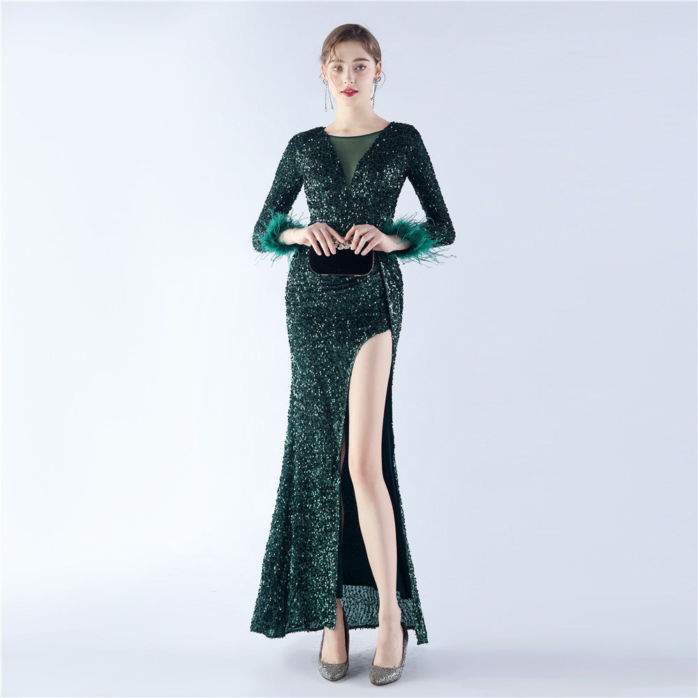Handmade Sequin Craft Order Ostrich Feather Long Sleeve Evening Dress
