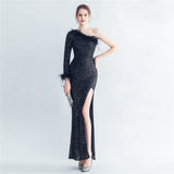 Craft Ostrich Feather Diagonal Shoulder Roman Collar Evening Dress