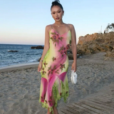 Pink Green Gradient Beaded Spaghetti Strap Chiffon Long Ruffled Evening Dress Party Prom Dress Y8495