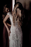 Cap Sleeve Sheath Boho Wedding Dresses Vintage Lace Rustic Wedding Dress,MW314