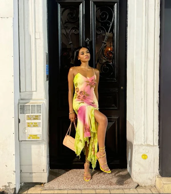 Pink Green Gradient Beaded Spaghetti Strap Chiffon Long Ruffled Evening Dress Party Prom Dress Y8495