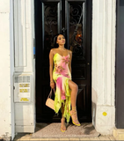 Pink Green Gradient Beaded Spaghetti Strap Chiffon Long Ruffled Evening Dress Party Prom Dress Y8495