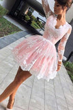 Cute Pink A-line Long Sleeves Short Prom Dress, Homecoming Dresses on Line