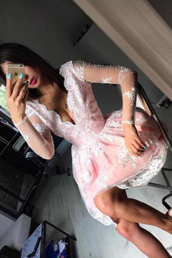 Cute Pink A-line Long Sleeves Short Prom Dress, Homecoming Dresses on Line