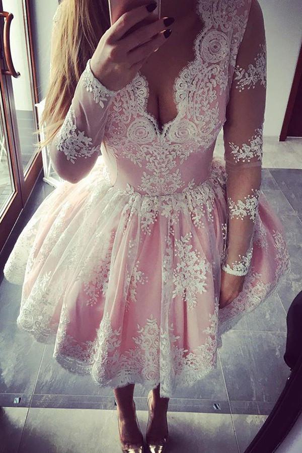 Cute Pink A-line Long Sleeves Short Prom Dress, Homecoming Dresses on Line