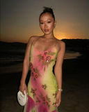 Pink Green Gradient Beaded Spaghetti Strap Chiffon Long Ruffled Evening Dress Party Prom Dress Y8495