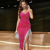 Tassel Edge V Neck High Slit Sexy Sling Dress ¨C Waist Slimming Evening Dress Group