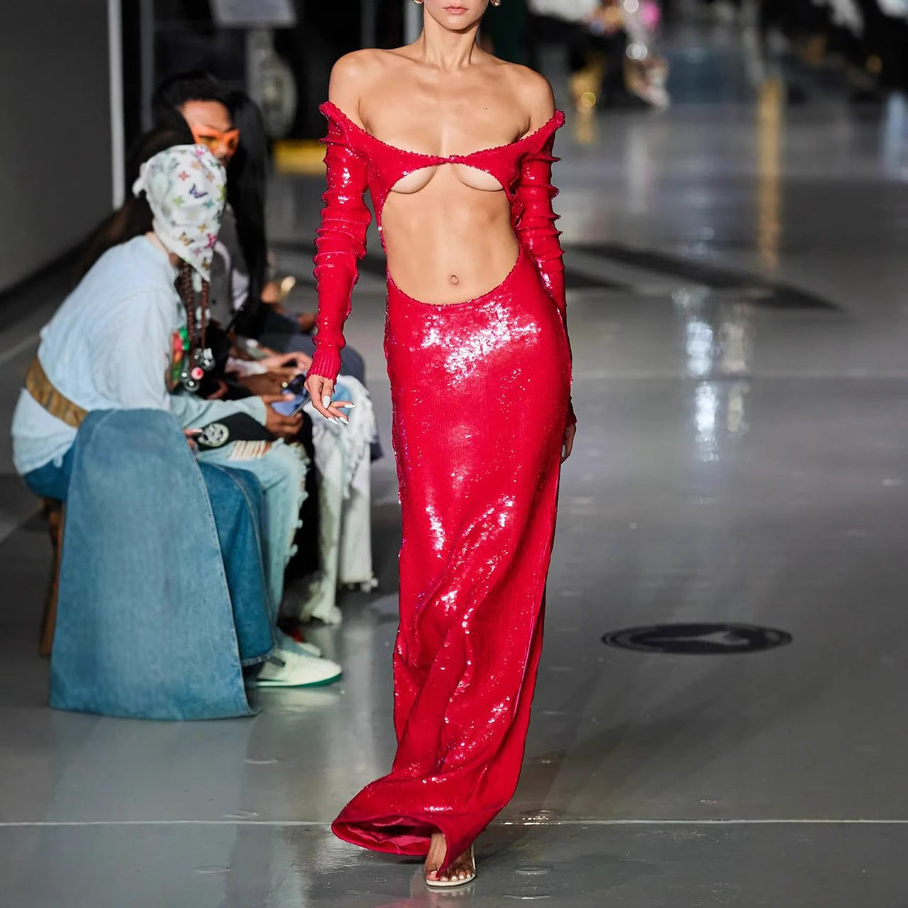 Sheer Panel Beaded Slit Prom Dress