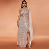 Autumn Sexy Dress Sequin Stitching Mesh Shoulder Slimming Evening Dress