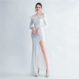 High Density Ostrich Hair Sequin Off Shoulder Fishtail Evening Dress