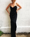 Black Cowl Neck Backless Mulberry Silk Slip Dress