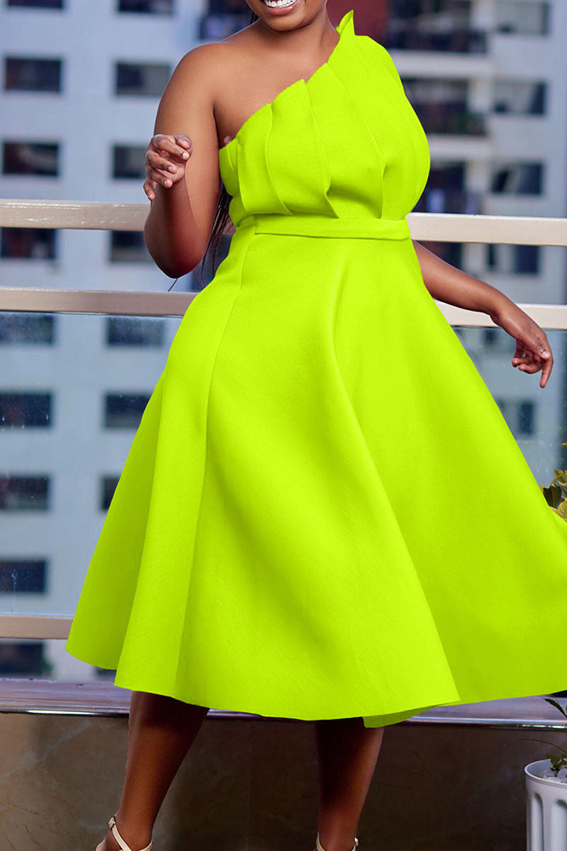 Elegant Solid Patchwork Fold Oblique Collar Evening Dress Dresses