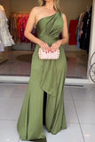 Sexy Slit Ruched Sloping Shoulder Evening Dresses