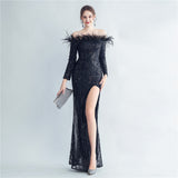 High Density Ostrich Hair Sequin Off Shoulder Fishtail Evening Dress