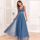 Patchwork Stretch Waist Sleeveless V Neck Evening Dress with Tulle Embroidery ¨C Elegant, Long, and Swingy Party Dress