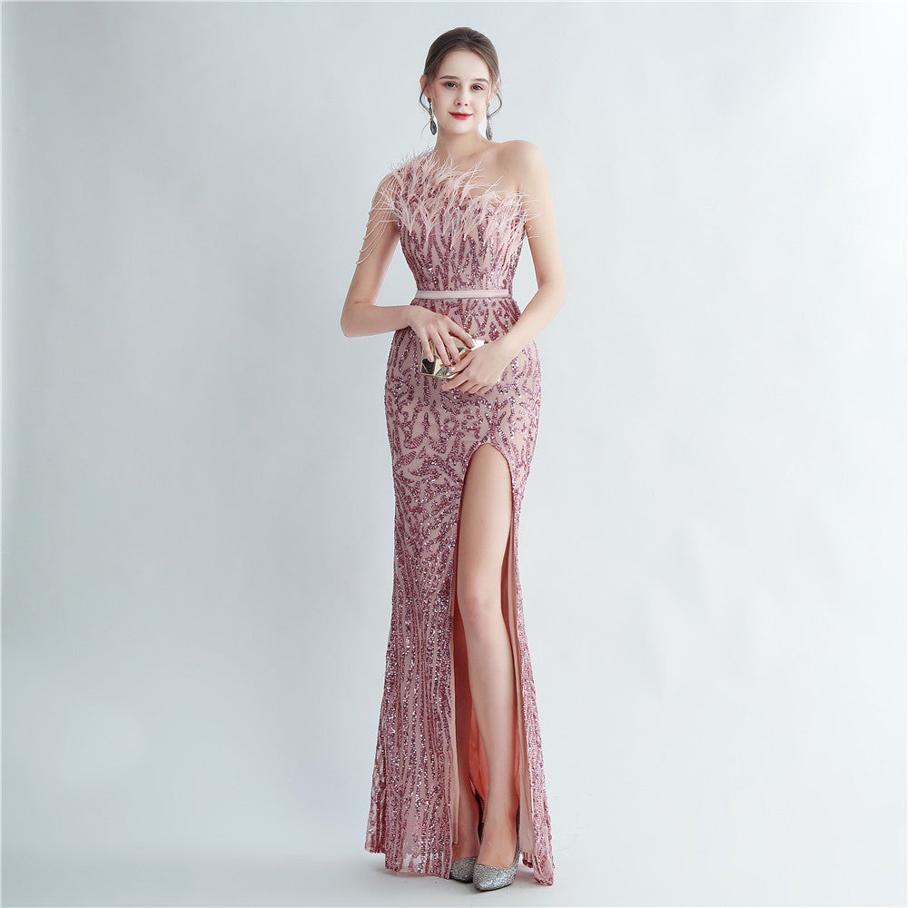 Heavy Industry Ostrich Hair Craft Beading Evening Dress with Side Slit